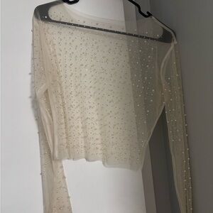 Sheer Pearl-Embellished Long Sleeve Top